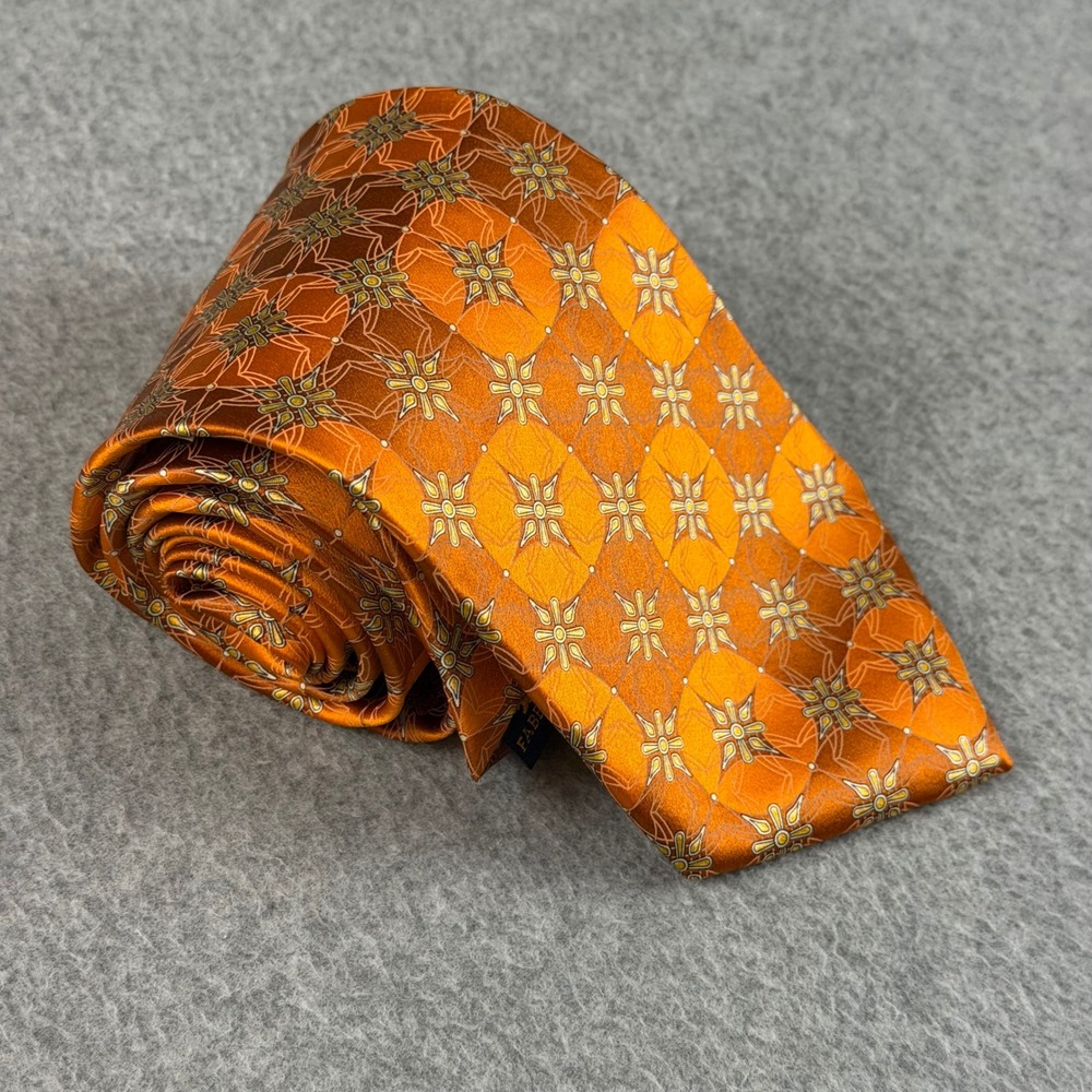 Vintage Faberge Mens Silk Tie Orange Geometric Medallion Handmade USA NWT 58x4"